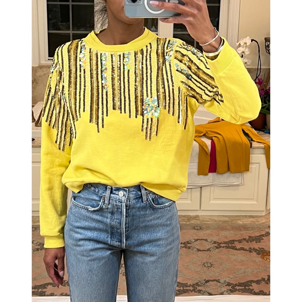 Anthropologie Yellow Sequin Fringe Sweatshirt
